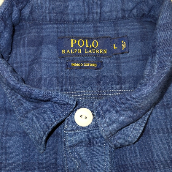 Polo Ralph Lauren Indigo Oxford Shirt Mens L Blue Plaid Short Sleeve Workwear - Picture 3 of 5